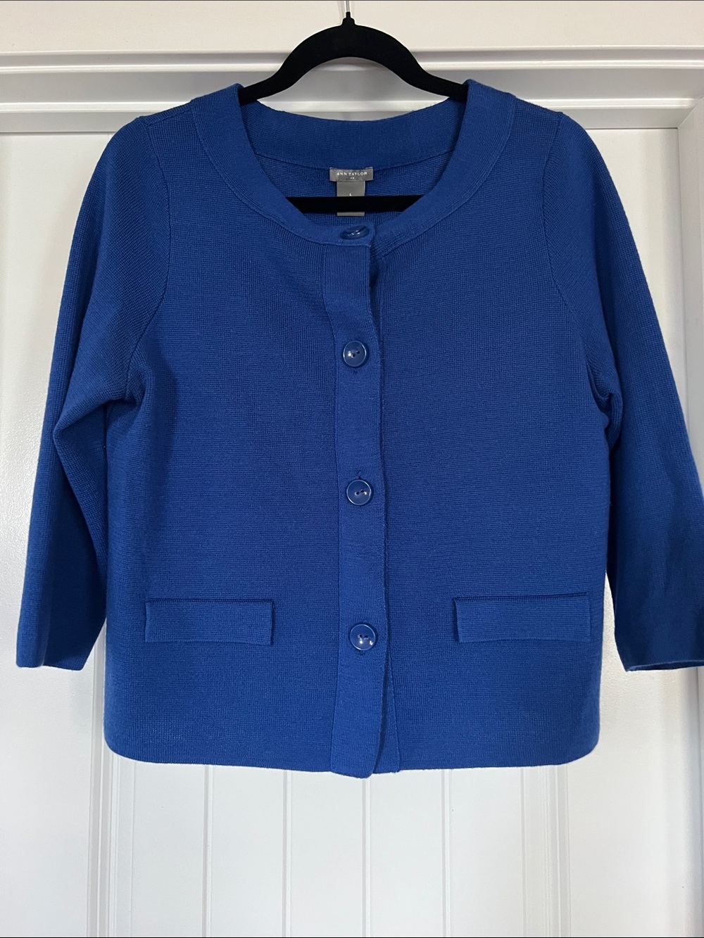Ann Taylor Blue Textured Knit Cardigan Jacket 3/4 Sleeve Size L